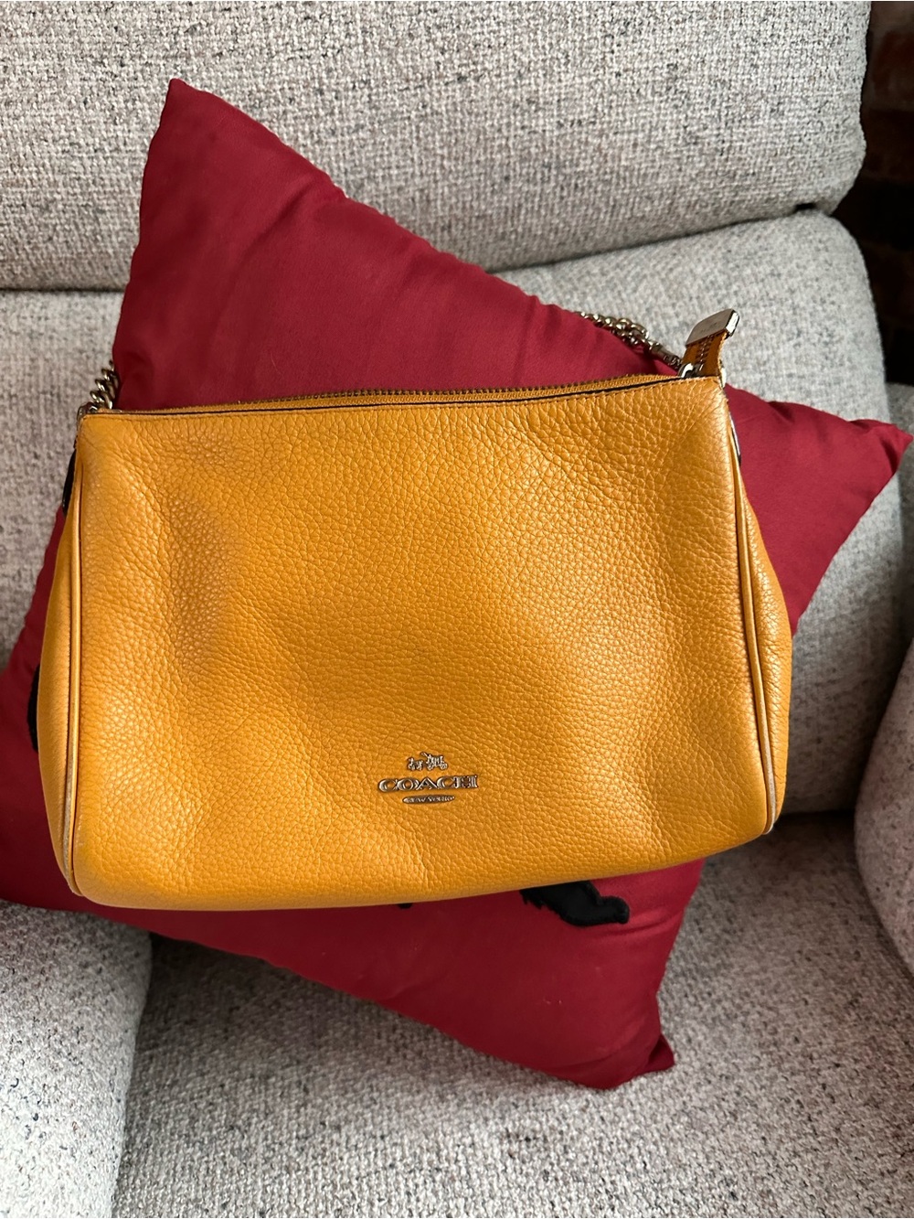 Coach Carrie Pebbled Leather Crossbody and chain handle in Mustard Yellow
